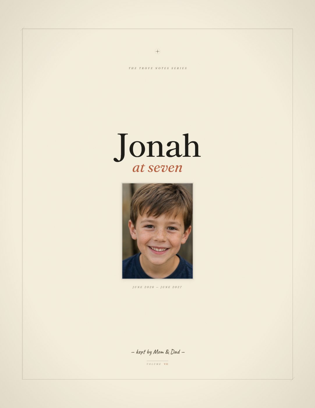The volume’s inside title page — "Jonah, at seven" — with a framed photo.