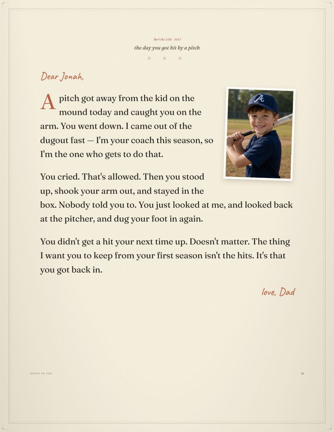 A letter written to Jonah from his dad, about the day he got hit by a pitch and got back in the box, with a photo.