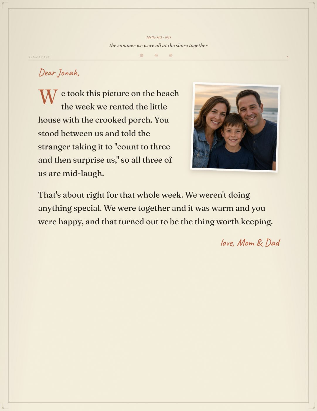 A note to Jonah from Mom and Dad, with a family photo.