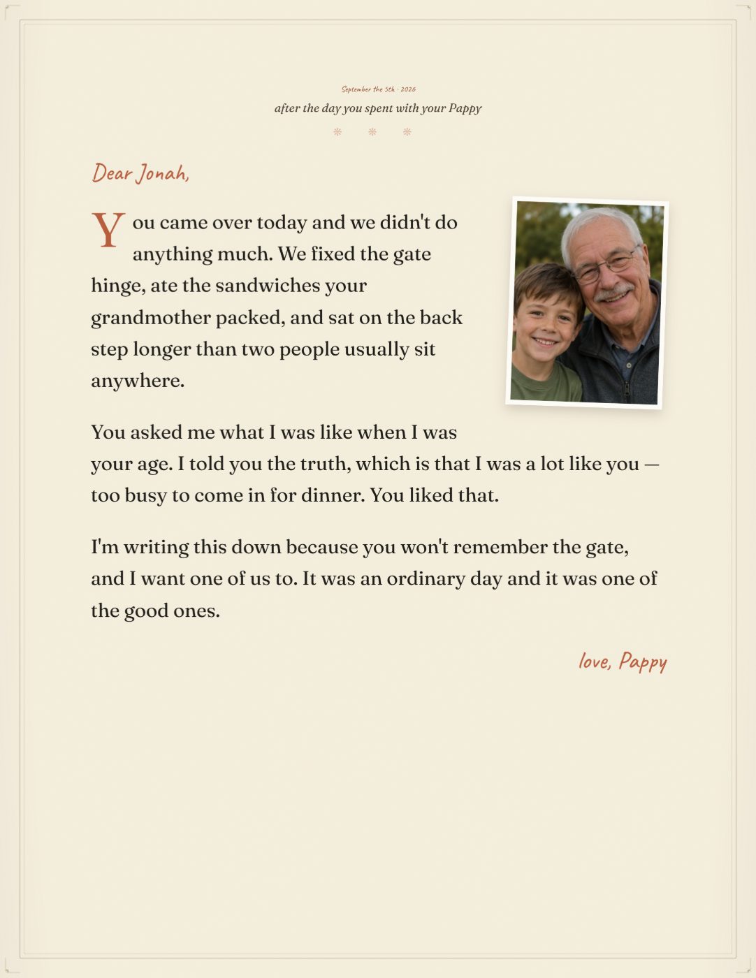 A letter written to Jonah from his Pappy, about an ordinary day they spent together, with a photo of the two of them.